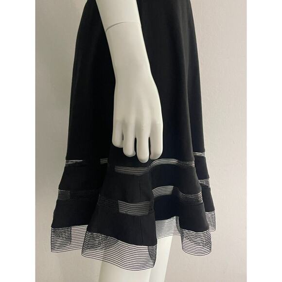 Tadashi Shoji XS Dress Black Jersey Illusions Mesh Pleat Fit Flare Cocktail - Picture 8 of 10